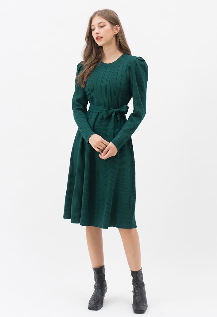 Braid Knit Gigot Sleeve Midi Dress in Dark Green
