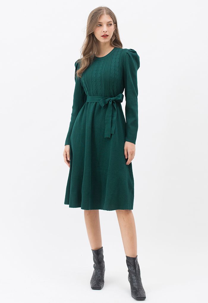 Braid Knit Gigot Sleeve Midi Dress in Dark Green