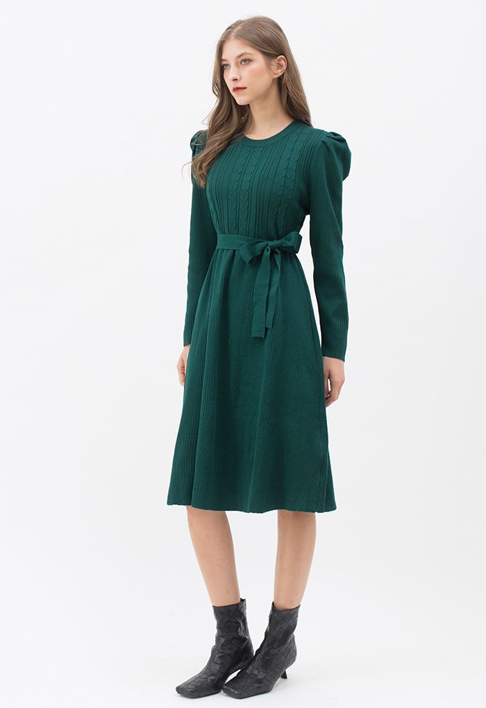 Braid Knit Gigot Sleeve Midi Dress in Dark Green