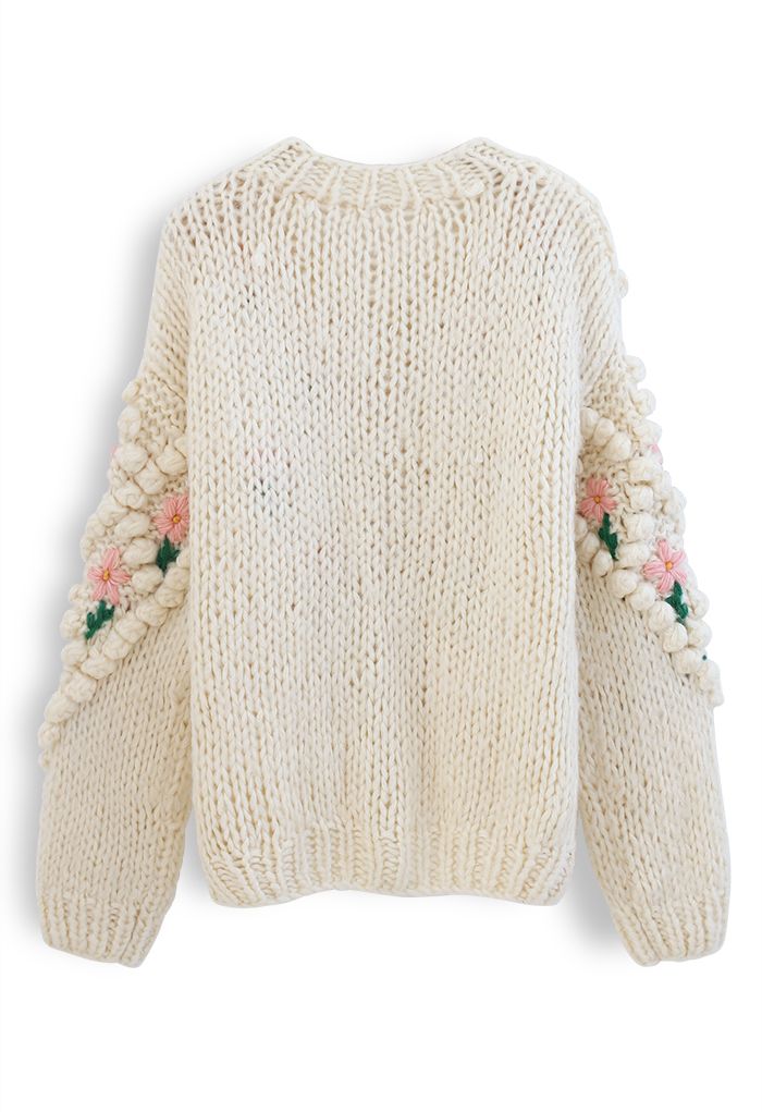 Stitch Floral Diamond Pom-Pom Hand Knit Cardigan
