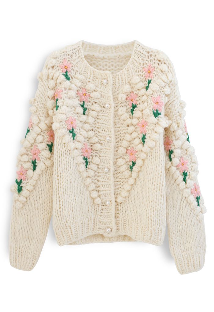 Stitch Floral Diamond Pom-Pom Hand Knit Cardigan