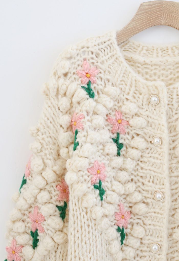 Stitch Floral Diamond Pom-Pom Hand Knit Cardigan