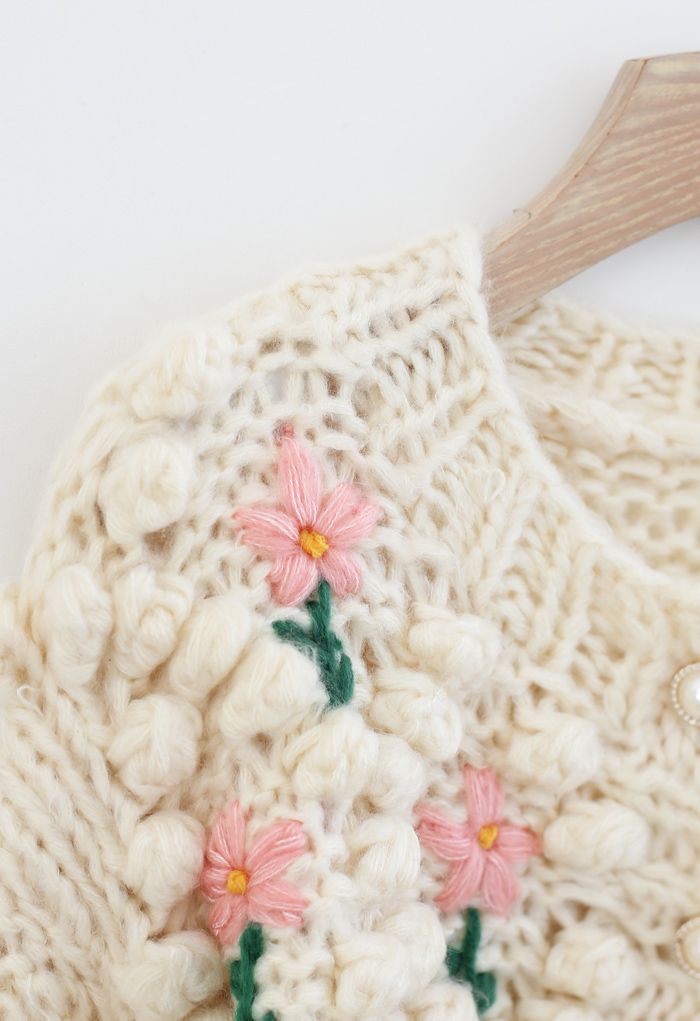 Stitch Floral Diamond Pom-Pom Hand Knit Cardigan