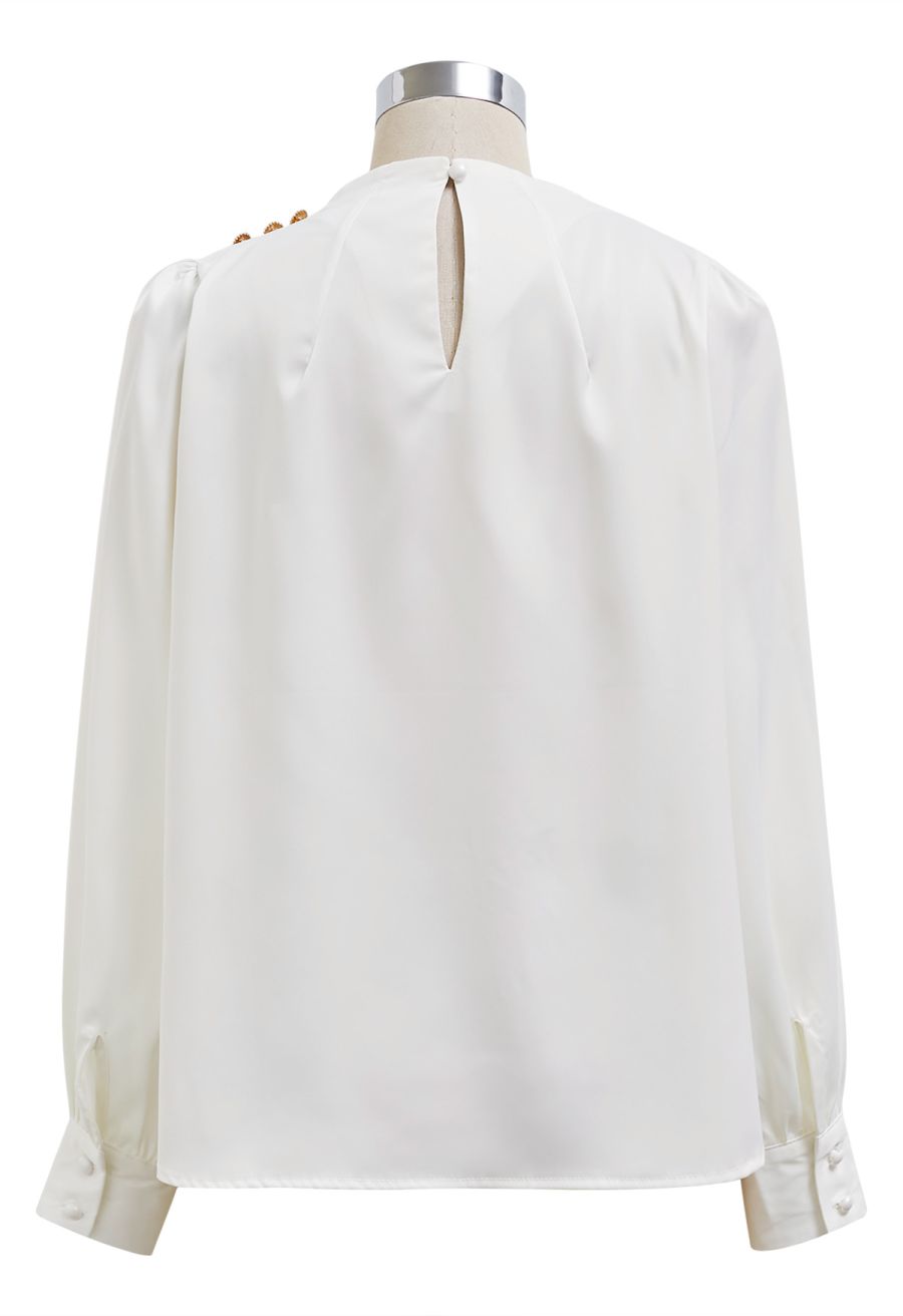 Buttoned Ruched Neck Satin Top in White