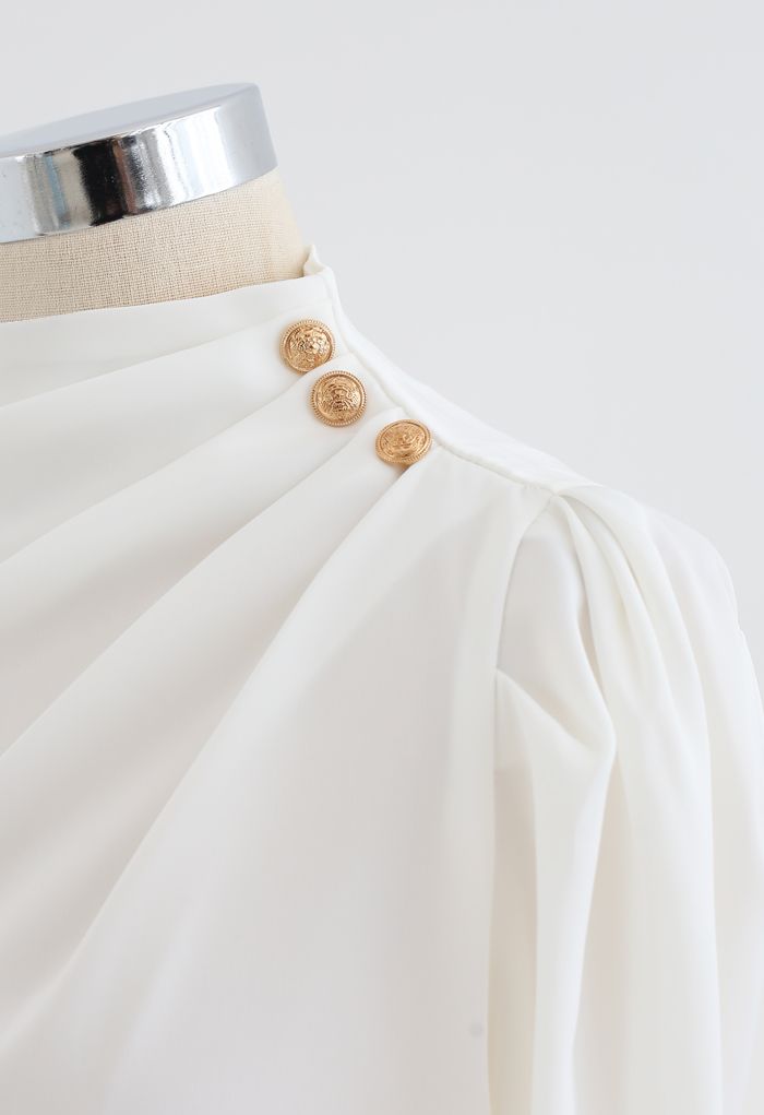 Buttoned Ruched Neck Satin Top in White