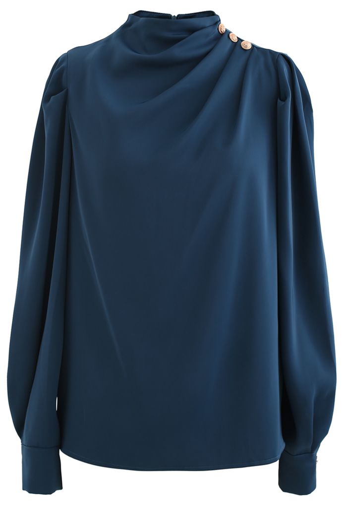 Buttoned Ruched Neck Satin Top in Indigo