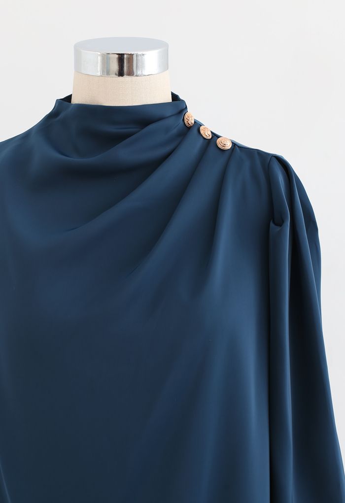Buttoned Ruched Neck Satin Top in Indigo