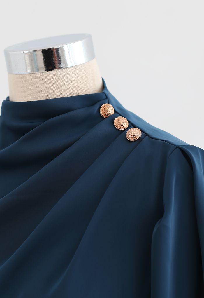 Buttoned Ruched Neck Satin Top in Indigo