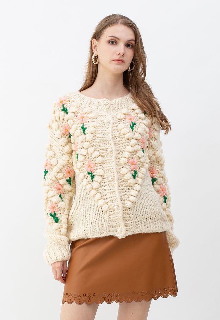 Stitch Floral Diamond Pom-Pom Hand Knit Cardigan