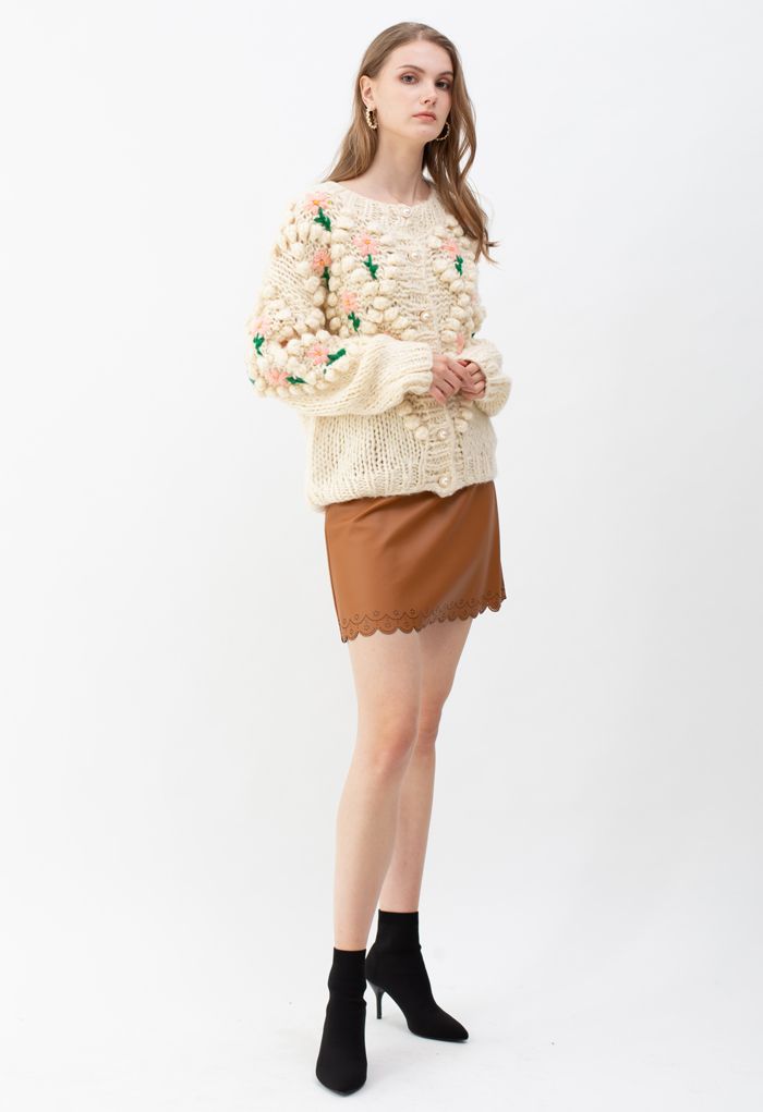 Stitch Floral Diamond Pom-Pom Hand Knit Cardigan