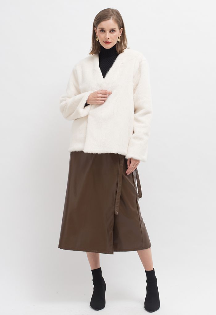 Faux Fur Metallic Buckle Wrap Coat in Cream