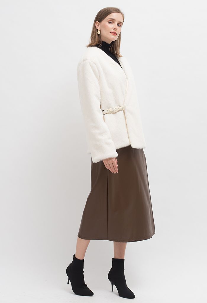 Faux Fur Metallic Buckle Wrap Coat in Cream