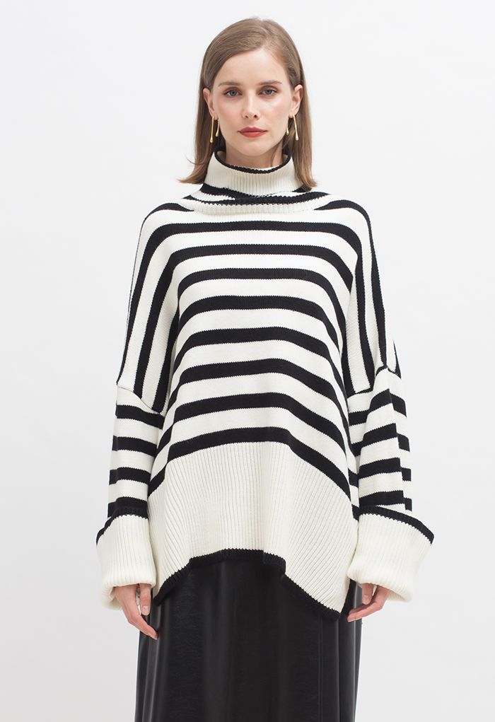 Striped Oversize Flare Sleeve Turtleneck Knit Sweater in White