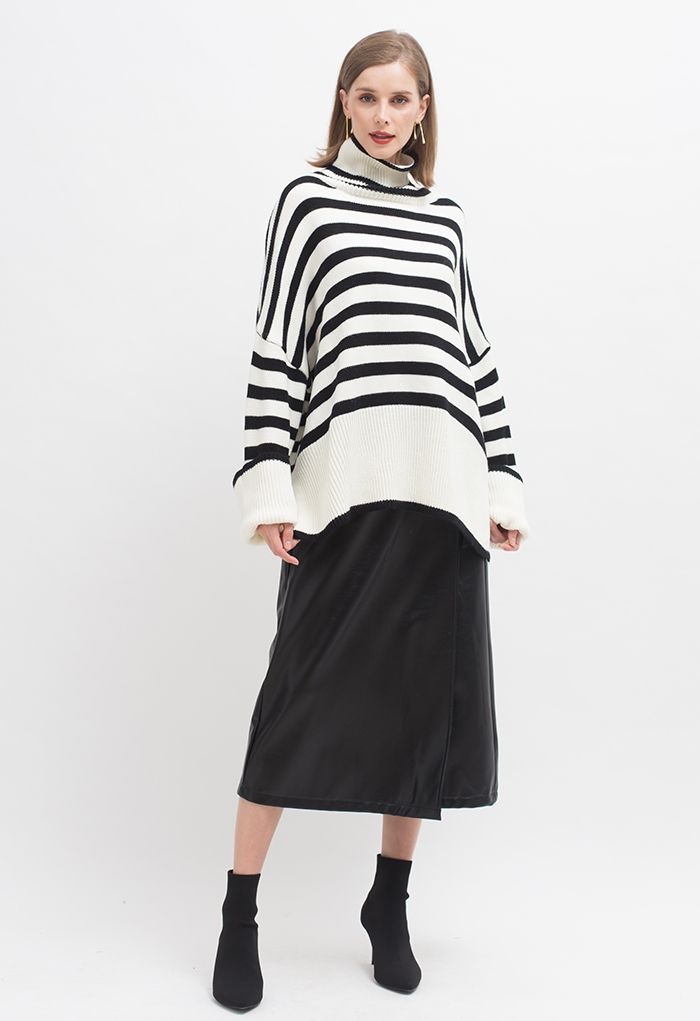 Striped Oversize Flare Sleeve Turtleneck Knit Sweater in White