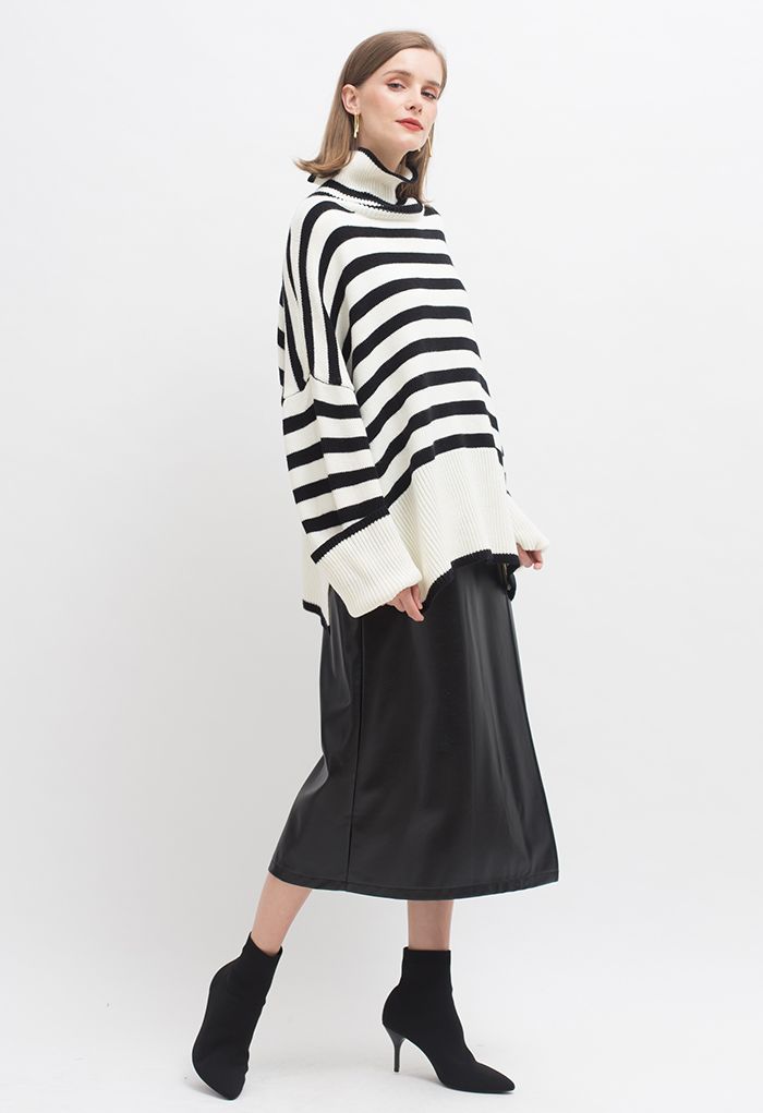 Striped Oversize Flare Sleeve Turtleneck Knit Sweater in White