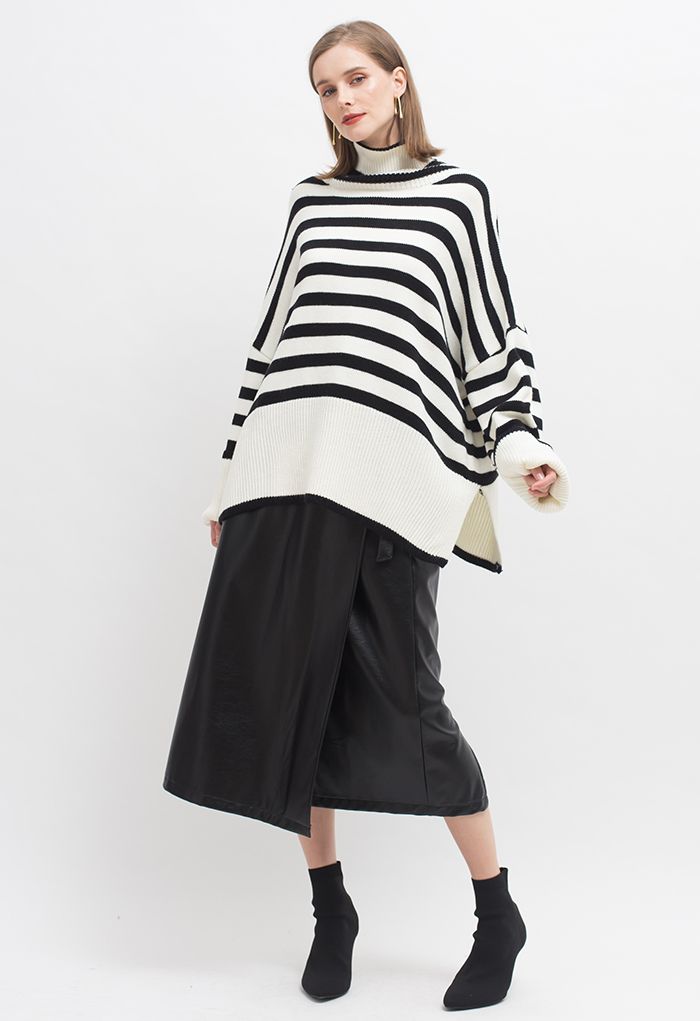 Striped Oversize Flare Sleeve Turtleneck Knit Sweater in White