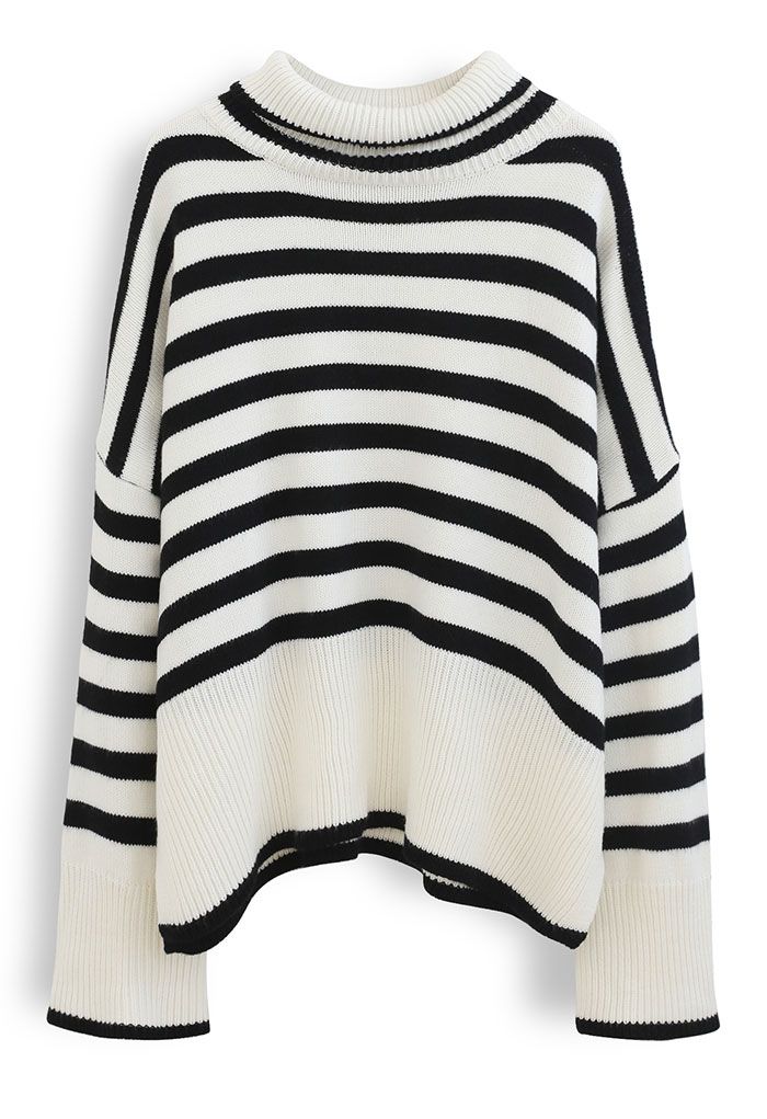 Striped Oversize Flare Sleeve Turtleneck Knit Sweater in White