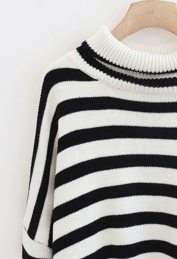 Striped Oversize Flare Sleeve Turtleneck Knit Sweater in White