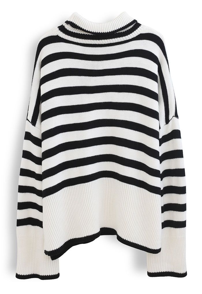 Striped Oversize Flare Sleeve Turtleneck Knit Sweater in White