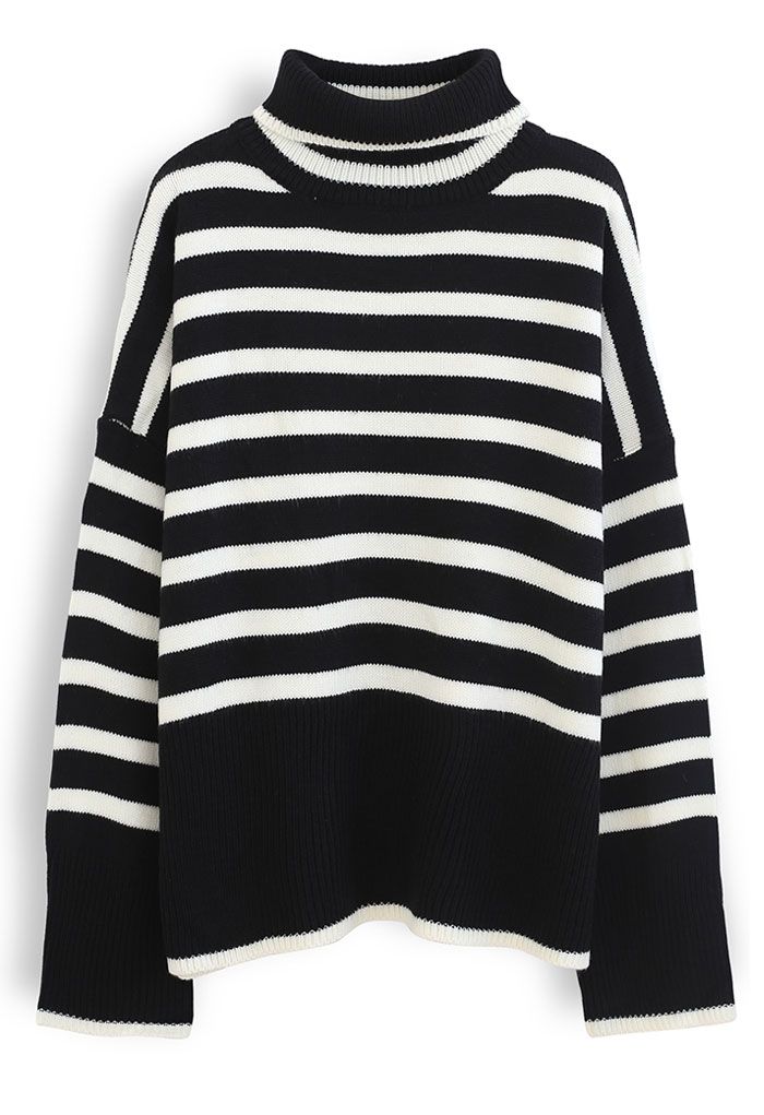 Striped Oversize Flare Sleeve Turtleneck Knit Sweater in Black