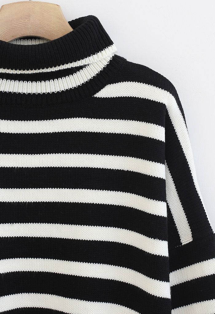 Striped Oversize Flare Sleeve Turtleneck Knit Sweater in Black
