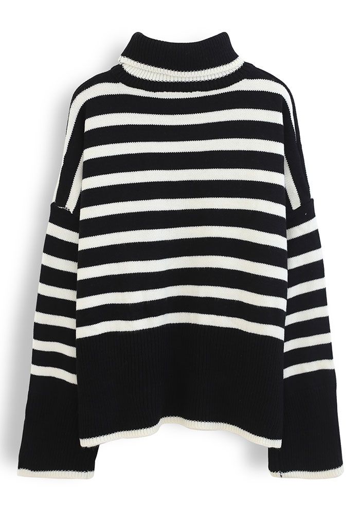 Striped Oversize Flare Sleeve Turtleneck Knit Sweater in Black
