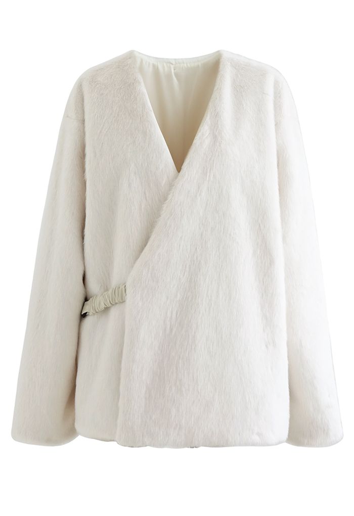 Faux Fur Metallic Buckle Wrap Coat in Cream