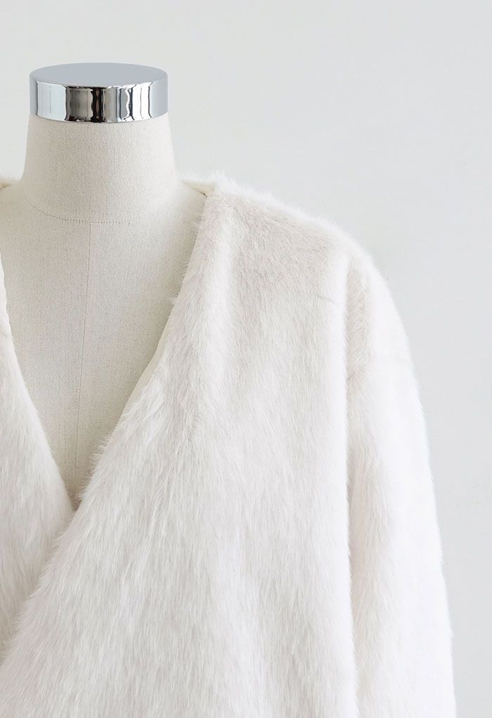 Faux Fur Metallic Buckle Wrap Coat in Cream