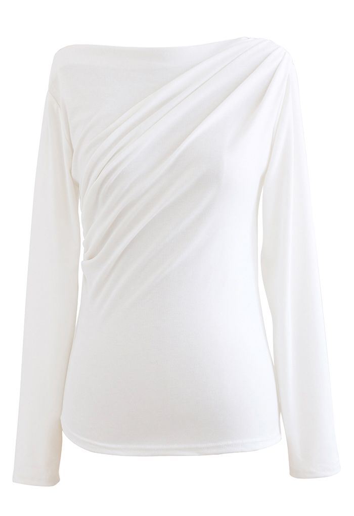 Ruched Front Long Sleeve Top in White