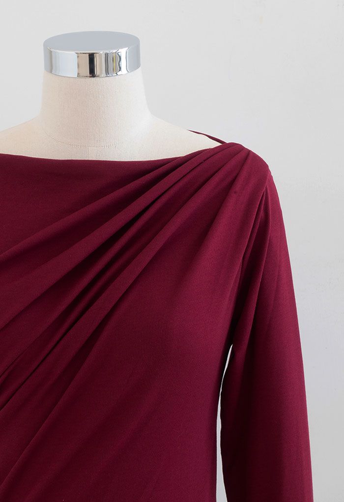 Ruched Front Long Sleeve Top in Burgundy