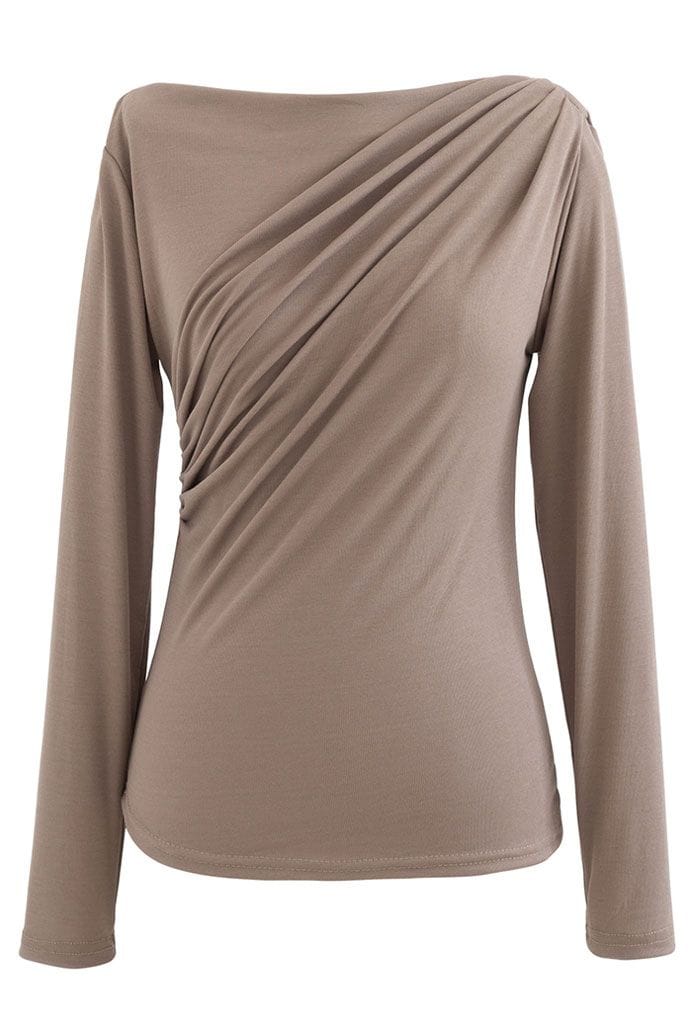 Ruched Front Long Sleeve Top in Tan