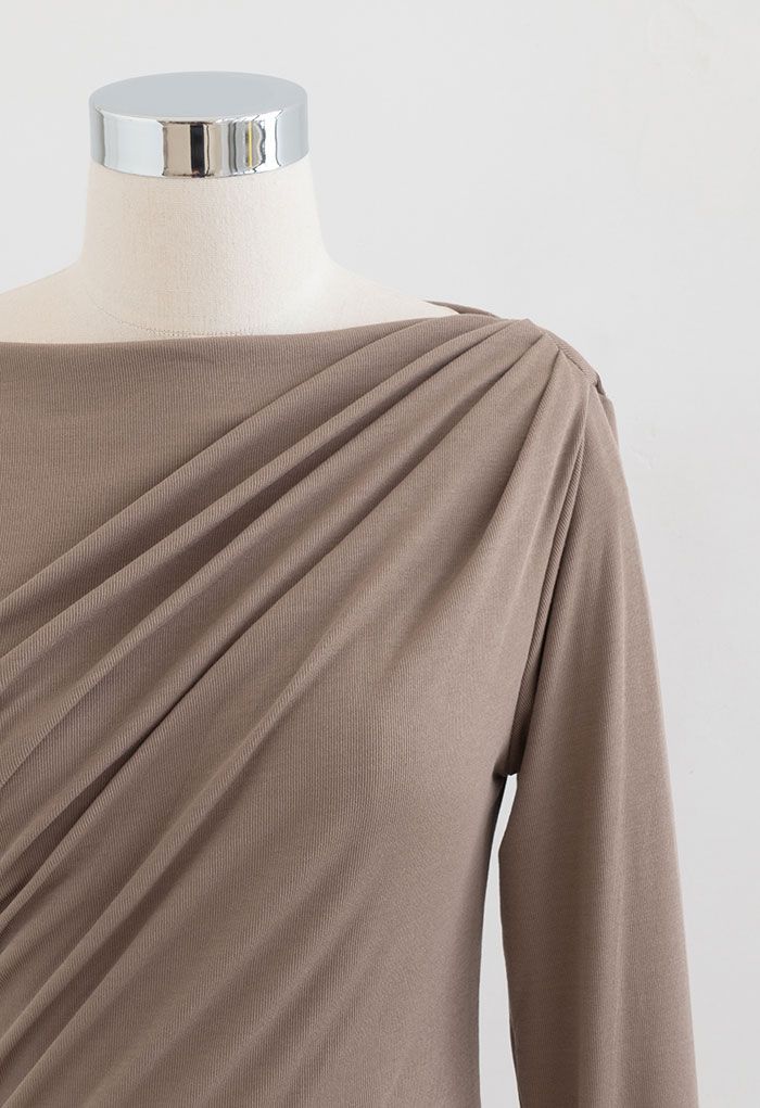 Ruched Front Long Sleeve Top in Tan