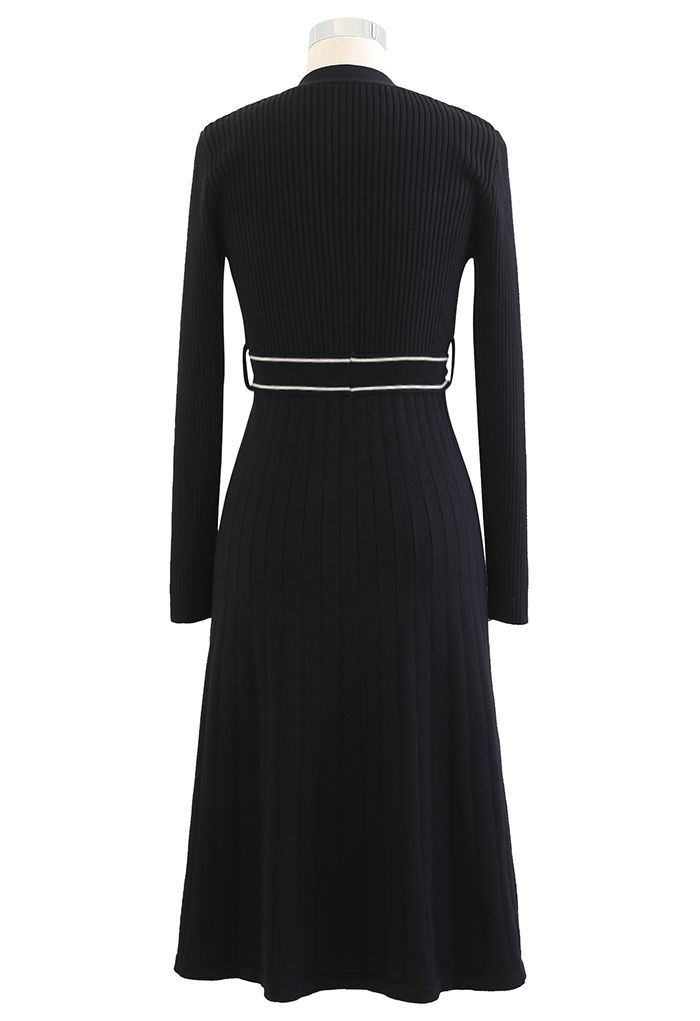 Shimmer Contrast Line Buttoned Knit Dress in Black