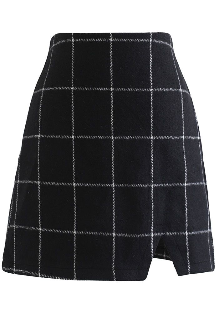 Black Grid Wool-Blend Mini Bud Skirt