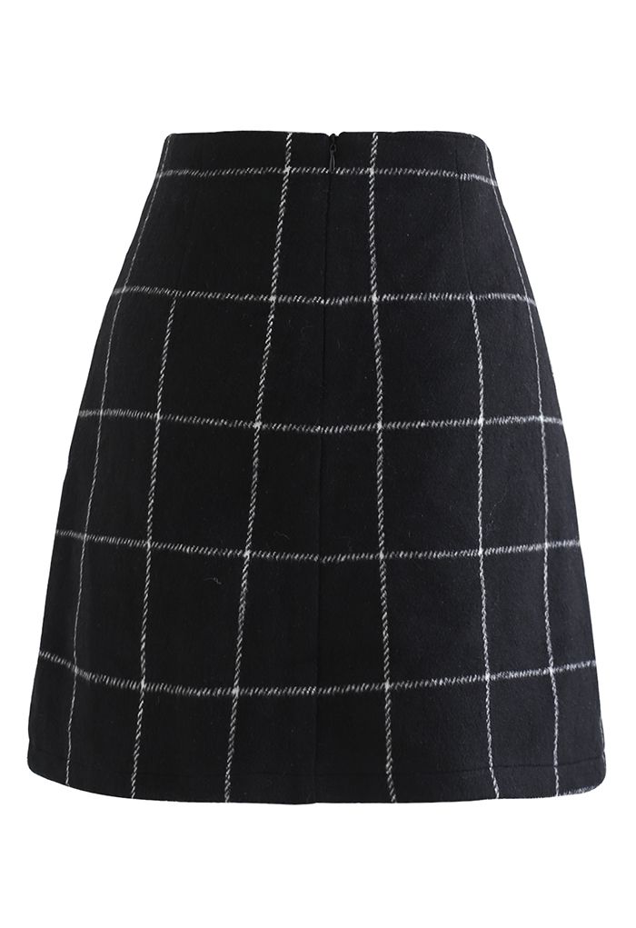 Black Grid Wool-Blend Mini Bud Skirt