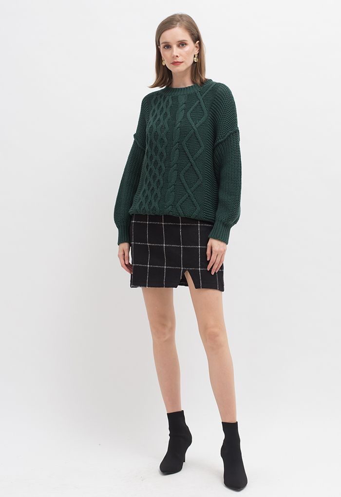 Black Grid Wool-Blend Mini Bud Skirt