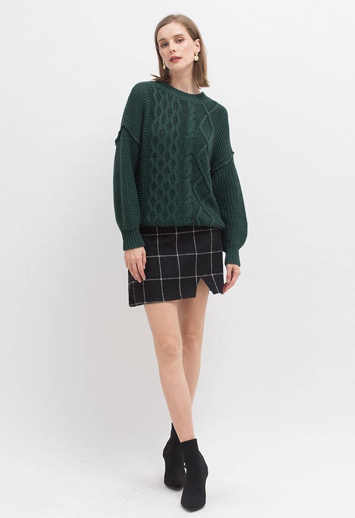 Black Grid Wool-Blend Mini Bud Skirt