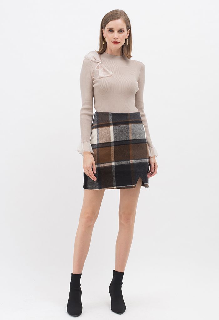 Chic+ Check Wool-Blend Mini Bud Skirt