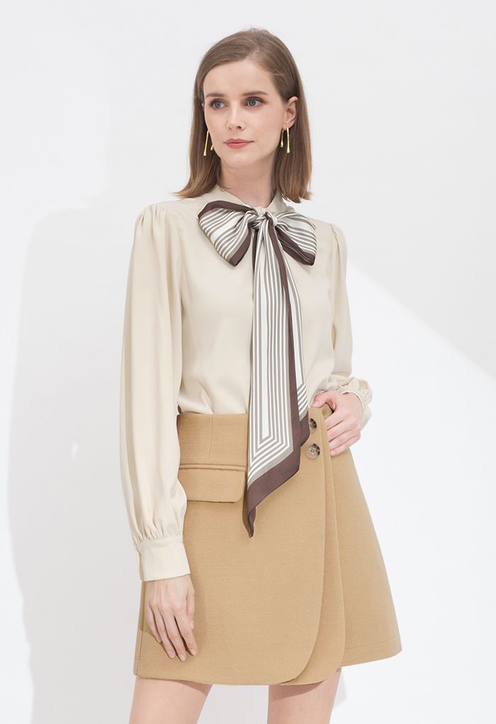Double Flap Wool-Blend Mini Skirt in Tan
