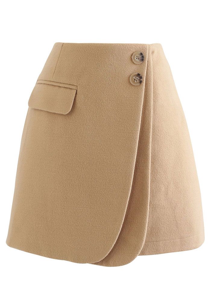 Double Flap Wool-Blend Mini Skirt in Tan