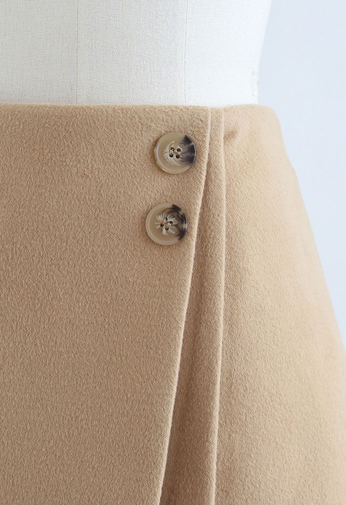 Double Flap Wool-Blend Mini Skirt in Tan