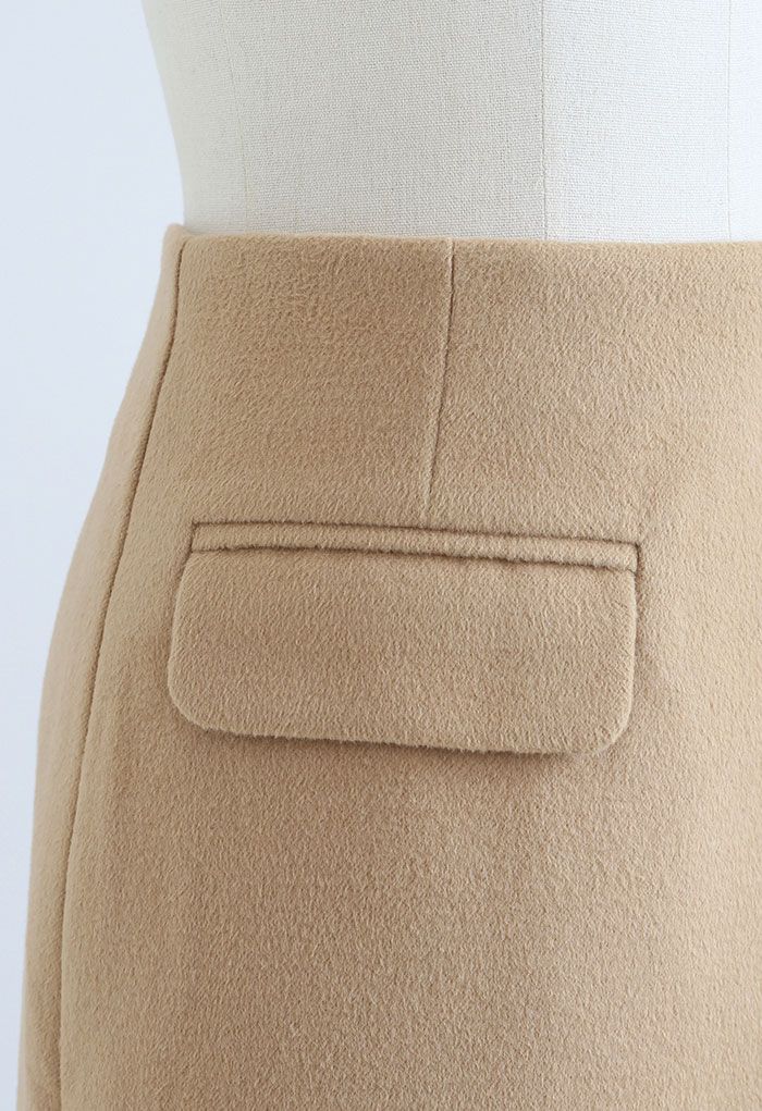 Double Flap Wool-Blend Mini Skirt in Tan