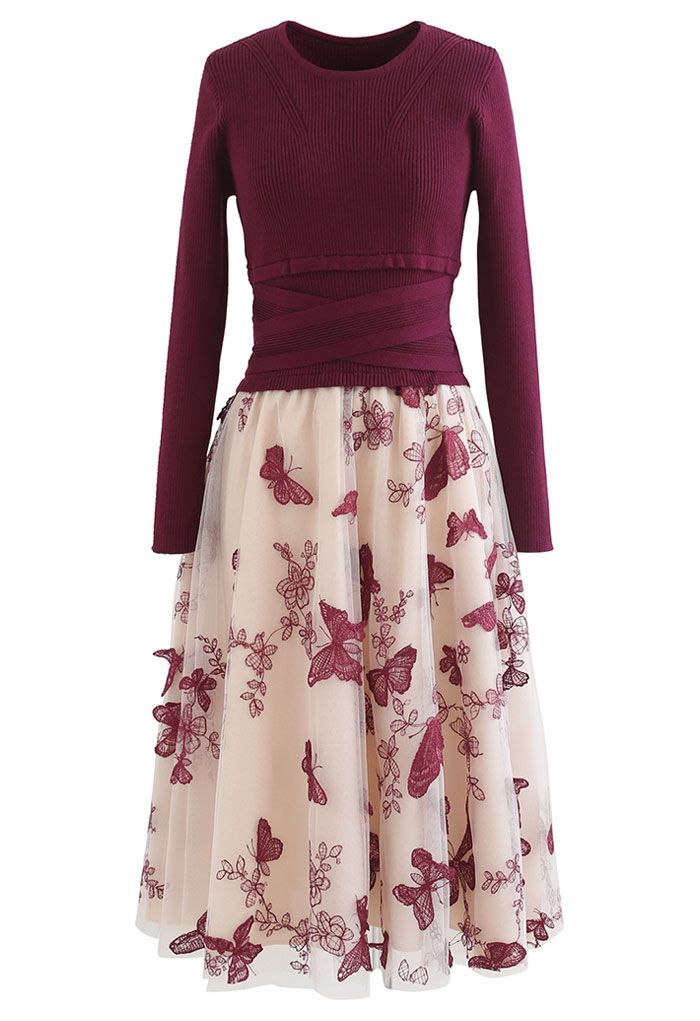 3D Butterfly Mesh Spliced Knit Dress in Red