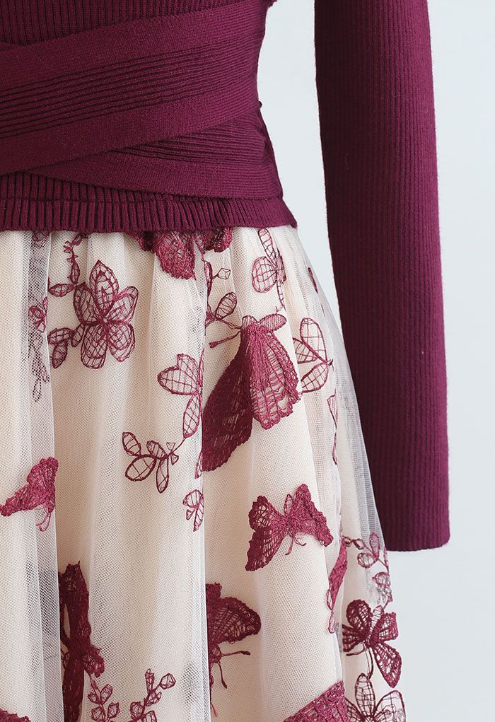 3D Butterfly Mesh Spliced Knit Dress in Red