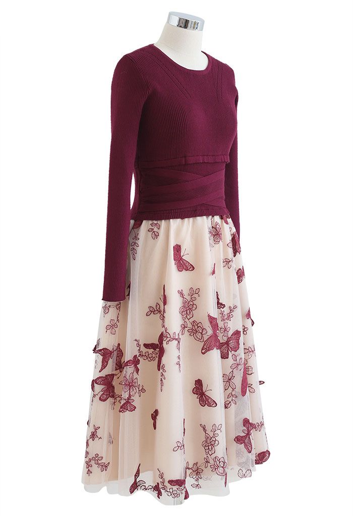 3D Butterfly Mesh Spliced Knit Dress in Red
