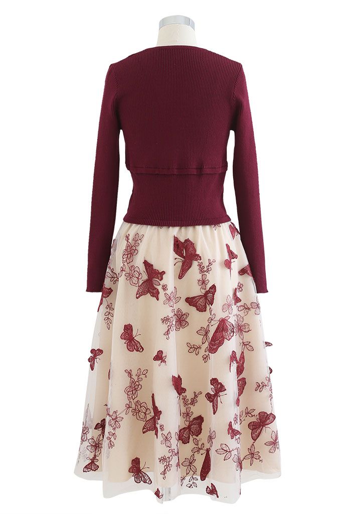 3D Butterfly Mesh Spliced Knit Dress in Red