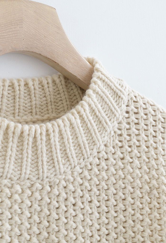 Color Block Hand-Knit Chunky Sweater in Light Tan