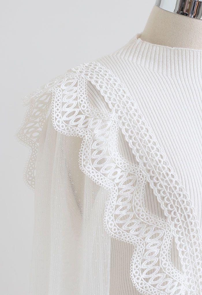 Scalloped Crochet Mesh Sleeves Knit Top in White
