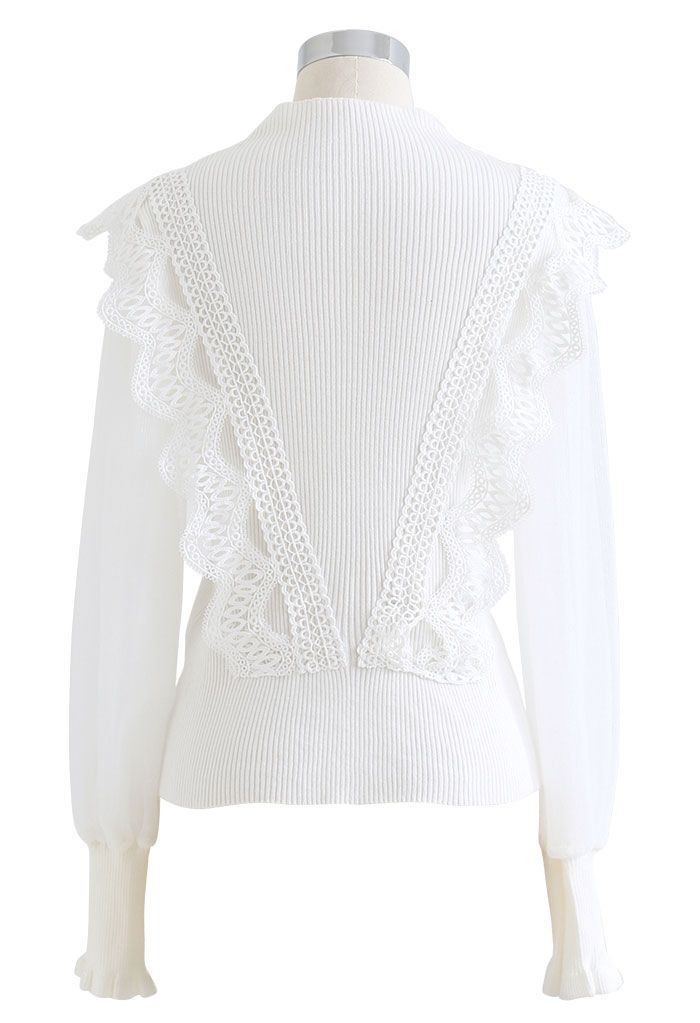 Scalloped Crochet Mesh Sleeves Knit Top in White
