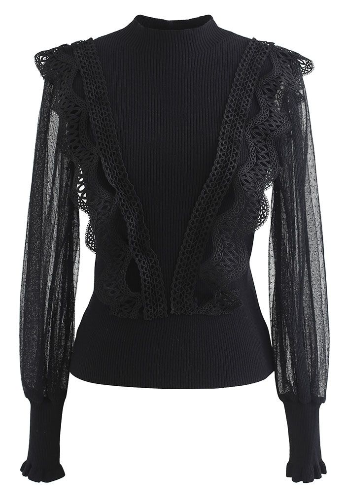 Scalloped Crochet Mesh Sleeves Knit Top in Black